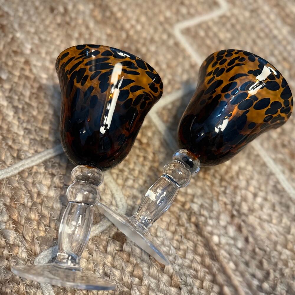 Pier 1 Hand Blown Glass Wine Goblets Set of 2 Amber Tortoiseshell Leopard Print